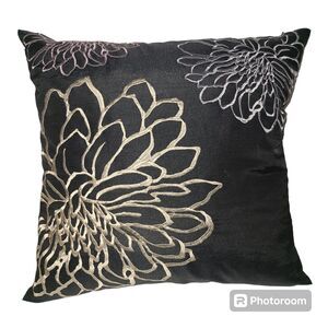 Down Filled Throw Pillow Gold Silver Pink Embroidered Floral Print On Bl…